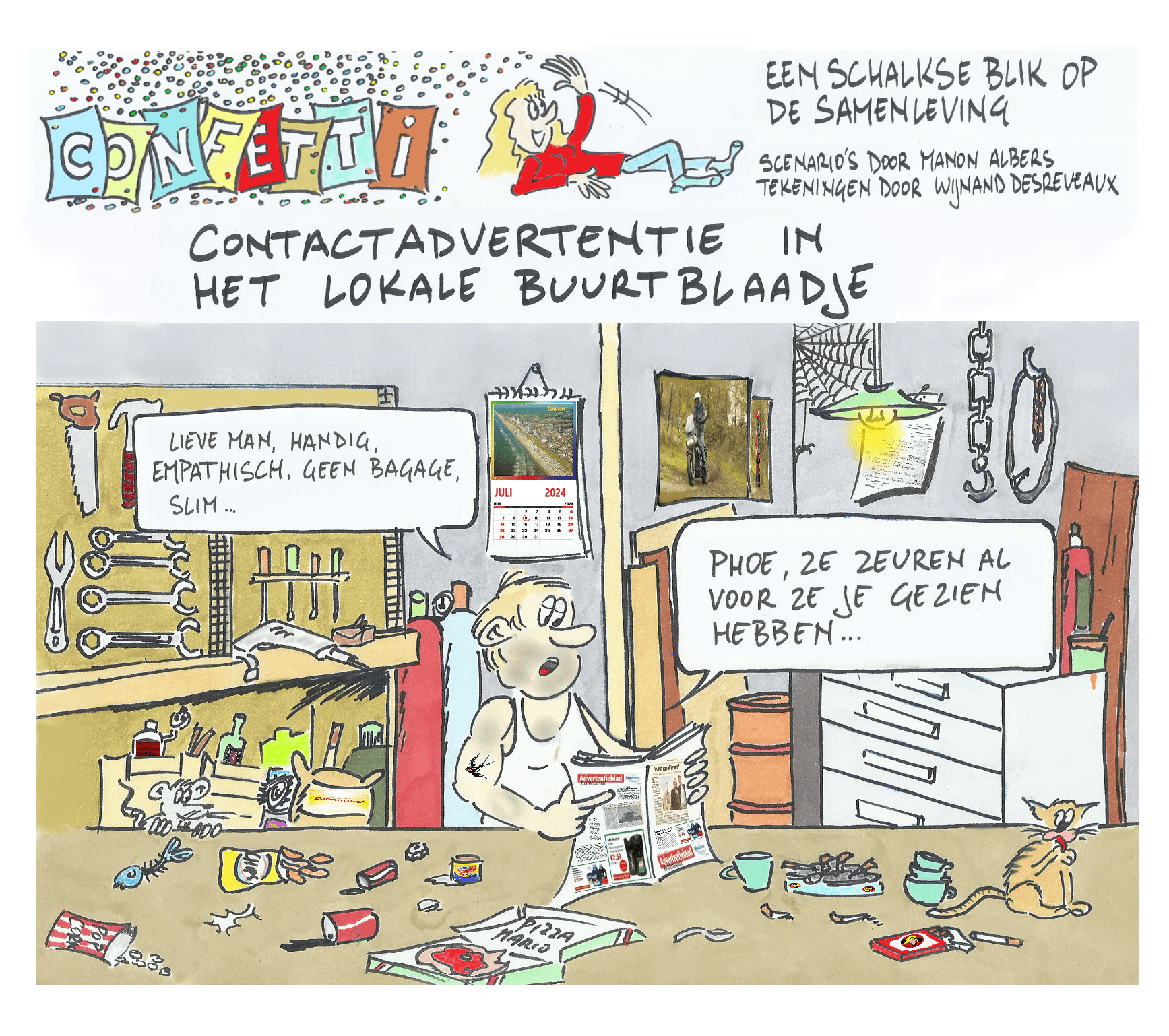 Confetti Cartoon; Contactadvertentie in het lokale buurtblaadje